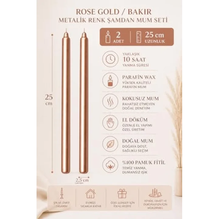 2’li Rose Bakır Metalik Şamdan Mum Seti 25 cm – Dekoratif İnce Şamdan Mum, Kokusuz Parafin Wax,%100 Pamuk Fitil, El Döküm, Uzun Süre Yanma (~10 Saat), Şık Sofra, Davet, Nişan, Düğün