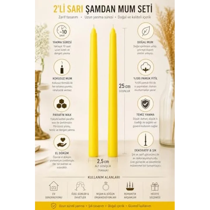 2’li Sarı Şamdan Mum Seti 25 cm – Dekoratif İnce Şamdan Mum, Kokusuz Parafin Wax,%100 Pamuk Fitil, El Döküm, Uzun Süre Yanma (~10 Saat), Şık Sofra, Davet, Nişan, Düğün ve Ev Dekorasyonu İçin Zarif