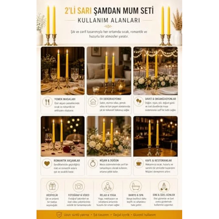 2’li Sarı Şamdan Mum Seti 25 cm – Dekoratif İnce Şamdan Mum, Kokusuz Parafin Wax,%100 Pamuk Fitil, El Döküm, Uzun Süre Yanma (~10 Saat), Şık Sofra, Davet, Nişan, Düğün ve Ev Dekorasyonu İçin Zarif