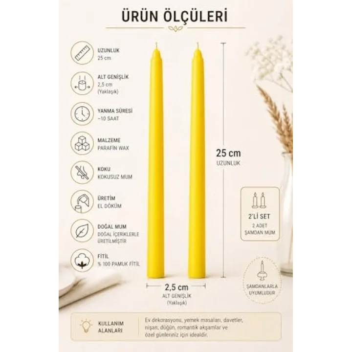 2’li Sarı Şamdan Mum Seti 25 cm – Dekoratif İnce Şamdan Mum, Kokusuz Parafin Wax,%100 Pamuk Fitil, El Döküm, Uzun Süre Yanma (~10 Saat), Şık Sofra, Davet, Nişan, Düğün ve Ev Dekorasyonu İçin Zarif