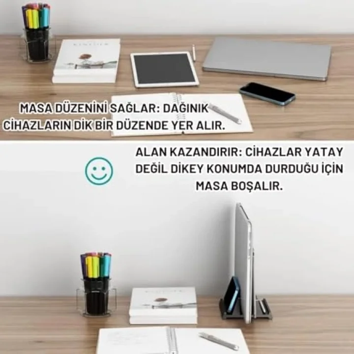 3 Bölmeli Metal Genişlik Ayarlamalı Masaüstü Dikey Macbook Laptop Notebook Standı Telefon Tablet Standı