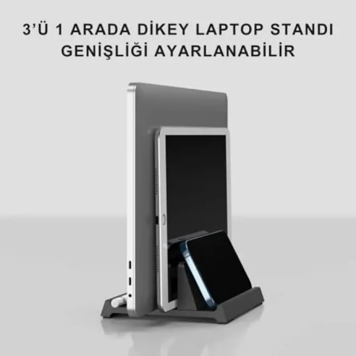 3 Bölmeli Metal Genişlik Ayarlamalı Masaüstü Dikey Macbook Laptop Notebook Standı Telefon Tablet Standı