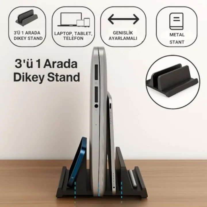 3 Bölmeli Metal Genişlik Ayarlamalı Masaüstü Dikey Macbook Laptop Notebook Standı Telefon Tablet Standı