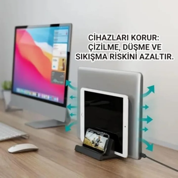 3 Bölmeli Metal Genişlik Ayarlamalı Masaüstü Dikey Macbook Laptop Notebook Standı Telefon Tablet Standı