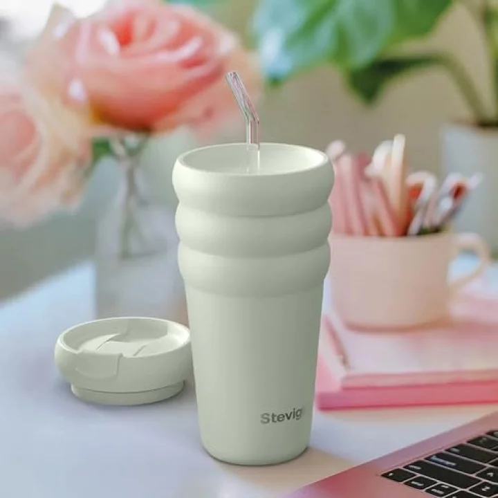 3 Bubble Two-Cap Straw Tumbler Çelik Termos 600 Mililitre Lightest Sky ST-247