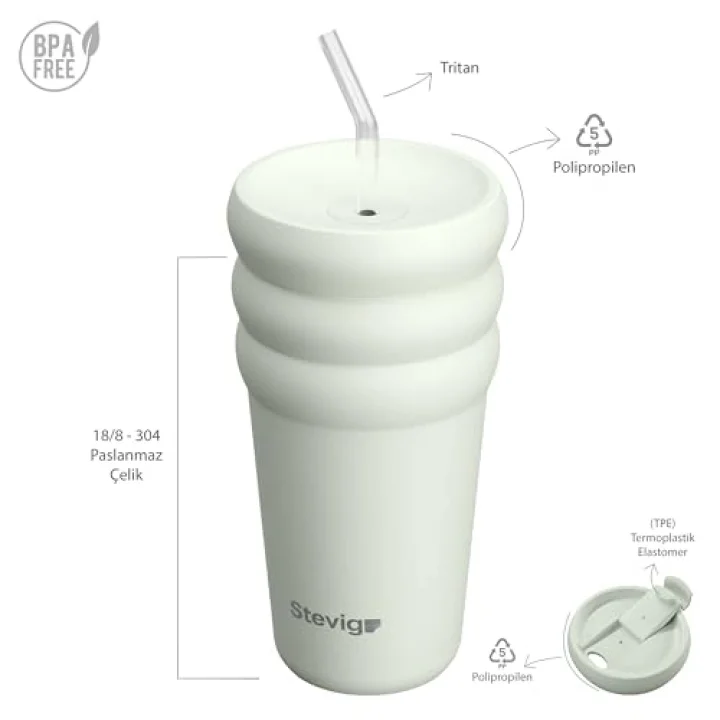 3 Bubble Two-Cap Straw Tumbler Çelik Termos 600 Mililitre Lightest Sky ST-247
