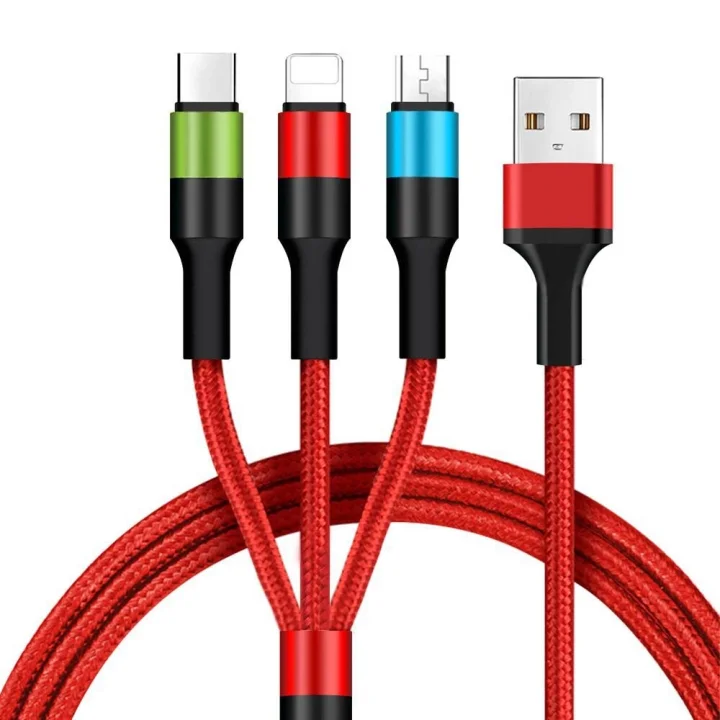3 in 1 Hızlı Şarj Kablosu, Örgülü 1.2m Kırmızı, Lightning, Type-C, Micro USB, 3A Güçlü Dayanıklı Kablo, iOS ve Android Uyumlu