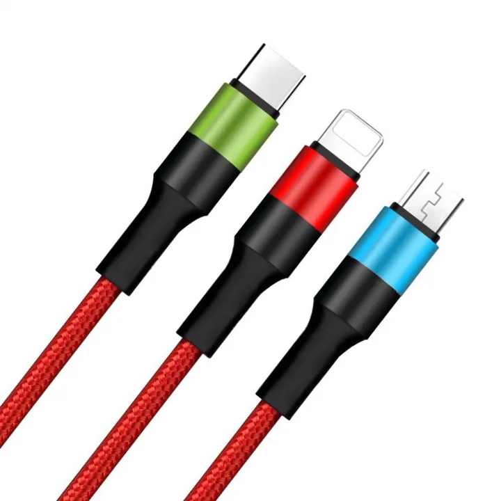 3 in 1 Hızlı Şarj Kablosu, Örgülü 1.2m Kırmızı, Lightning, Type-C, Micro USB, 3A Güçlü Dayanıklı Kablo, iOS ve Android Uyumlu
