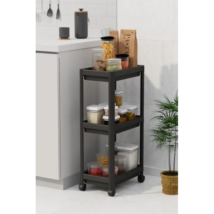 3 Katlı Hazneli Tekerlekli Siyah Mutfak Banyo Rafı PG MIT1215