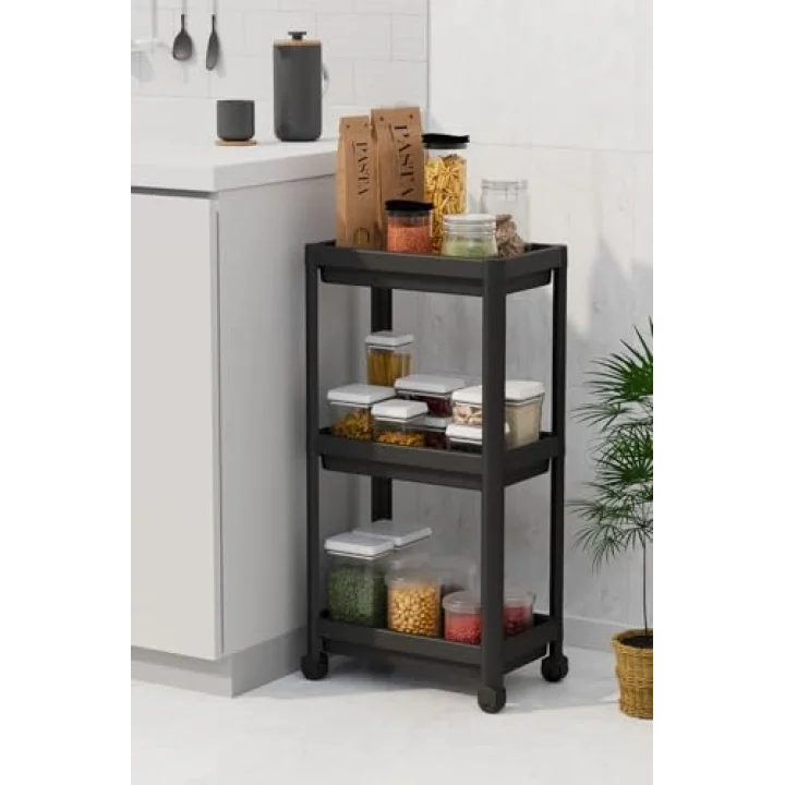 3 Katlı Hazneli Tekerlekli Siyah Mutfak Banyo Rafı PG MIT1215