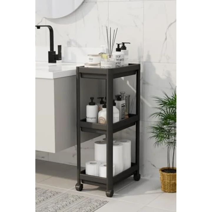 3 Katlı Hazneli Tekerlekli Siyah Mutfak Banyo Rafı PG MIT1215