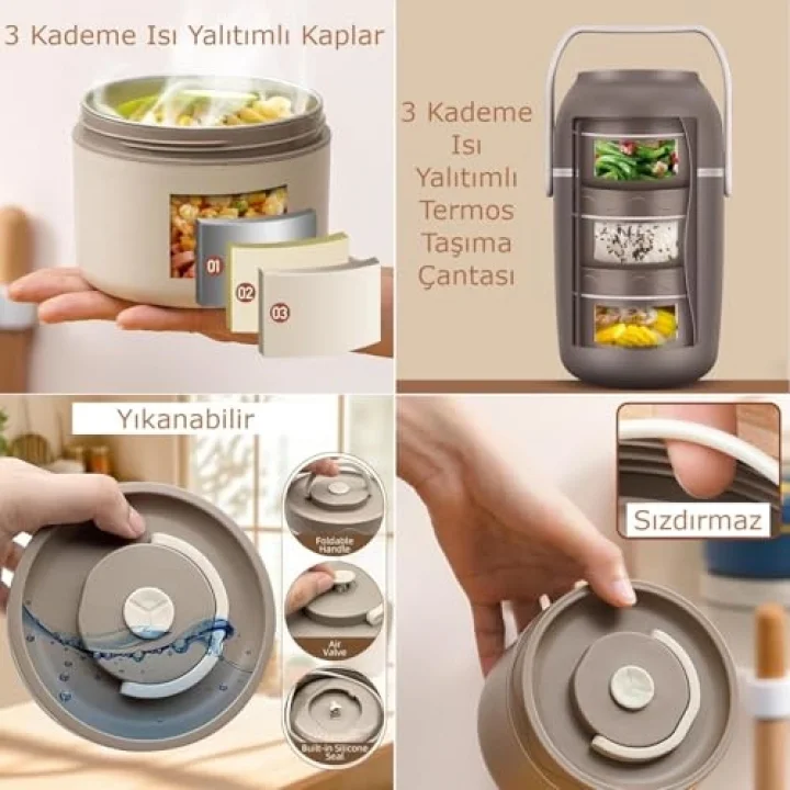 3 Katmanlı Isı Yalıtımlı Termos Yemek Kabı Seti – 304 Paslanmaz Çelik, Sızdırmaz 3 Gözlü