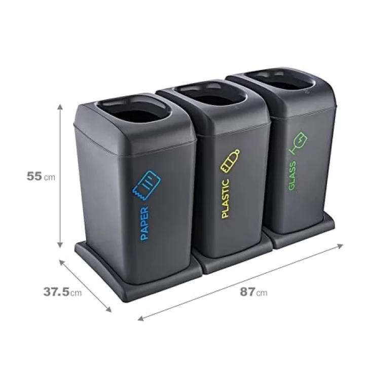 3Li Set Soft Tekerlekli Plastik-Kağıt-Cam Geri Dönüşüm Kutusu 40 LT