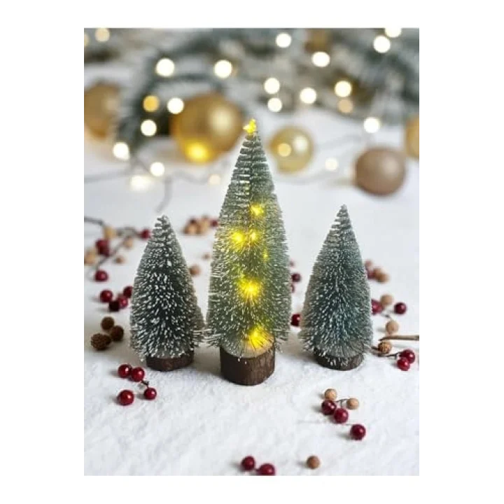 3Lü (1 Kendinden Gün Işığı 15 Cm,2 Adet Işıksız 10 Cm) Mini Çam, Yılbaşı Ağacı, Yeşil
