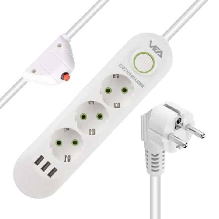 3lü 1.5 Metre Uzatma Kablosu 3 Usb Akım Korumalı Priz Beyaz