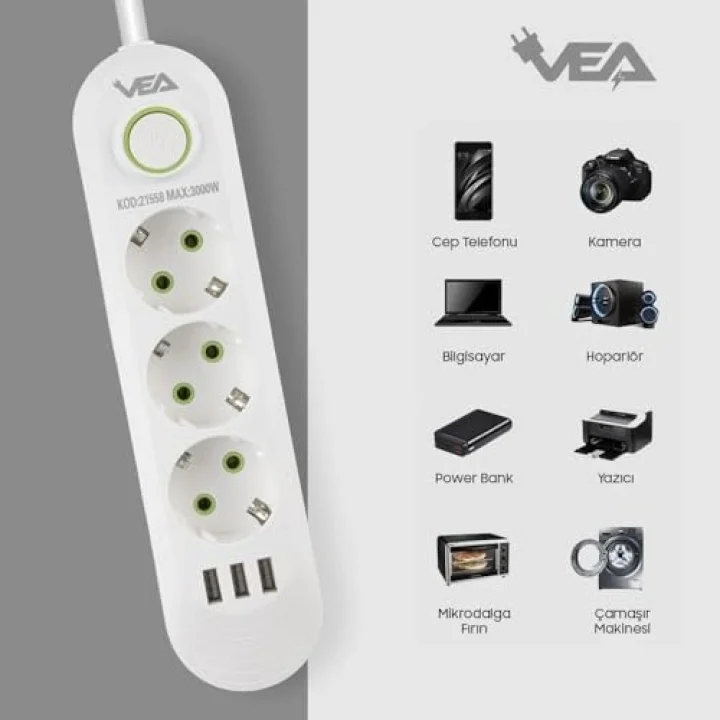 3lü 1.5 Metre Uzatma Kablosu 3 Usb Akım Korumalı Priz Beyaz