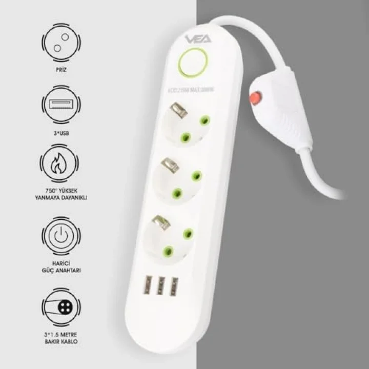 3lü 1.5 Metre Uzatma Kablosu 3 Usb Akım Korumalı Priz Beyaz