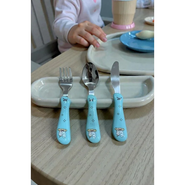 3lü Çocuk Çatal Kaşık Bıçak Seti, Mavi, Paslanmaz Çelik, Eğlenceli Karakter Desenli, BPA İçermez