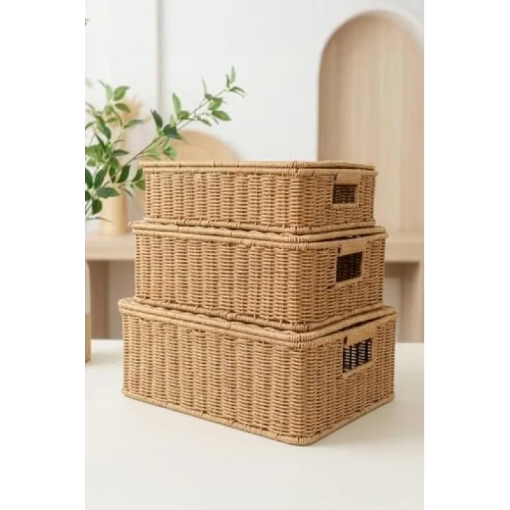 3lü Kapaklı Hasır Rattan Organizer Sepet - BB6065