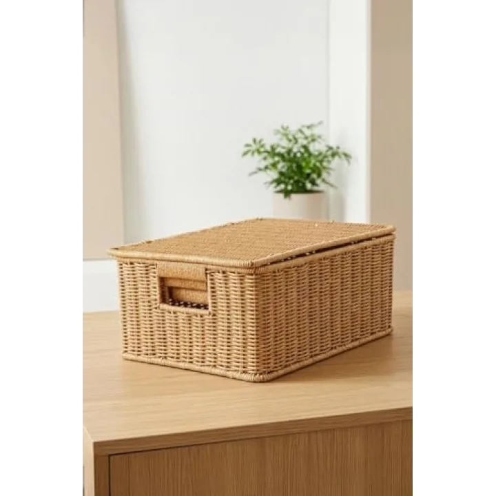3lü Kapaklı Hasır Rattan Organizer Sepet - BB6065