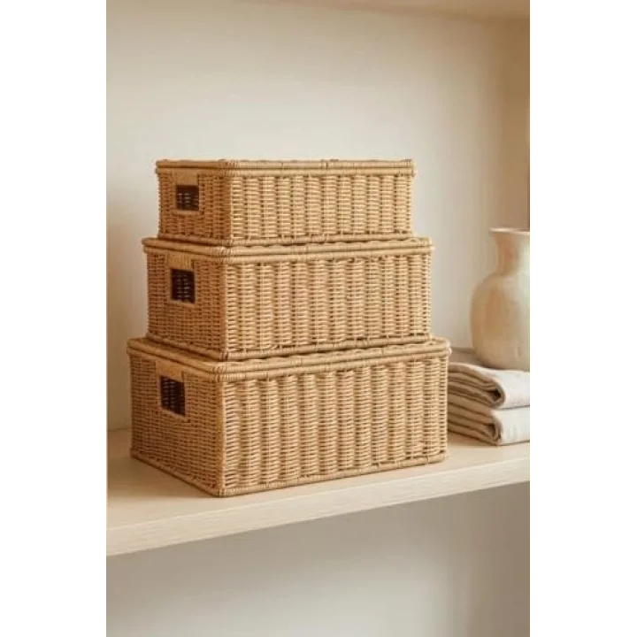 3lü Kapaklı Hasır Rattan Organizer Sepet - BB6065