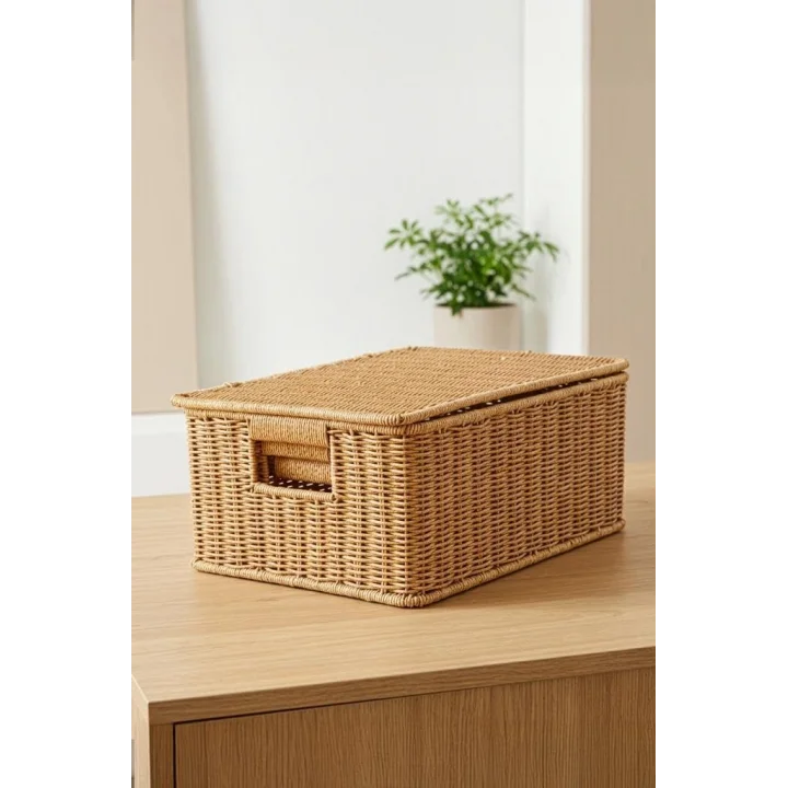 3lü Kapaklı Hasır Rattan Organizer Sepet - BB6065