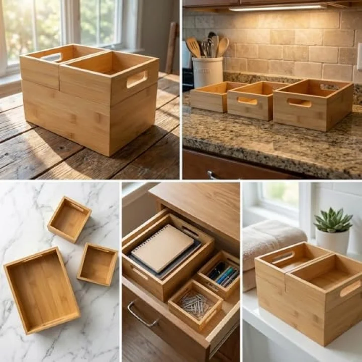 3lü Modüler Bambu Organizer Set - Üst Üste Geçebilen Çok Amaçlı Çekmece İçi ve Masaüstü Düzenleyici Kutu - Banyo, Mutfak ve Ofis İçin Ahşap Saklama Seti