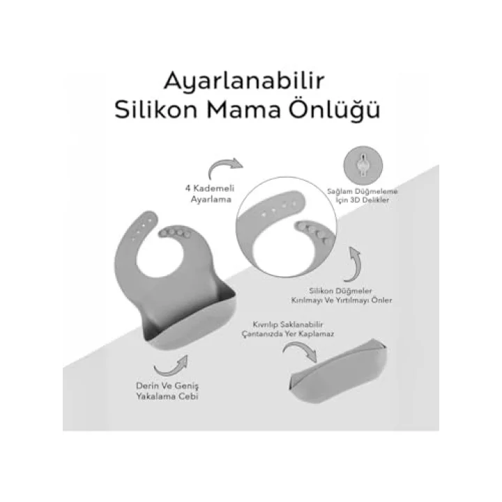 3lü Silikon Bebek Mama Önlüğü Seti - Çift Kilitli Ayarlanabilir Silikon Önlük - Gri-Yeşil-Pembe
