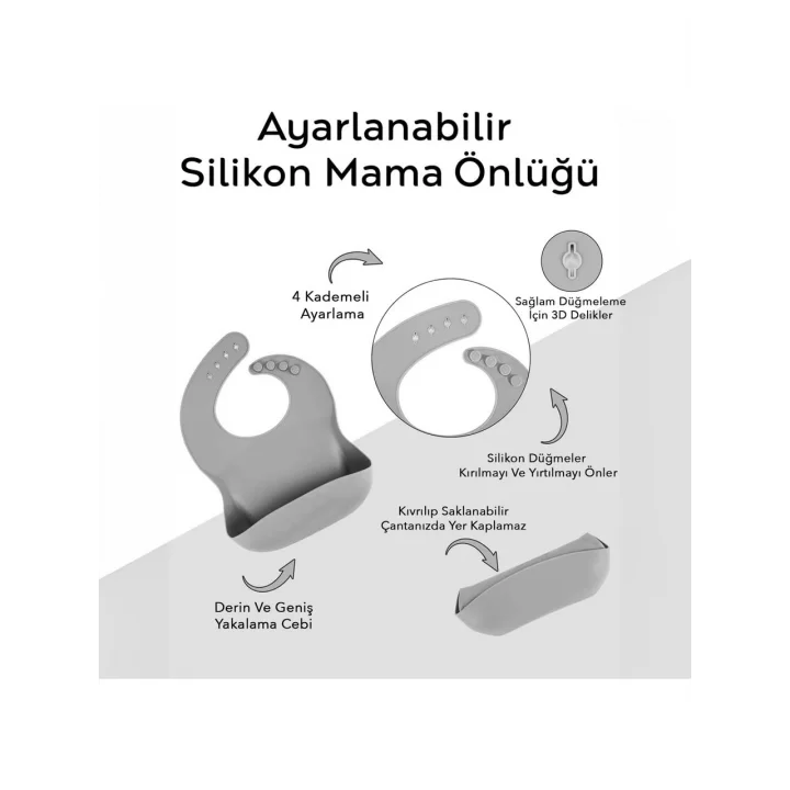 3lü Silikon Bebek Mama Önlüğü Seti - Çift Kilitli Ayarlanabilir Silikon Önlük - Gri-Yeşil-Pembe