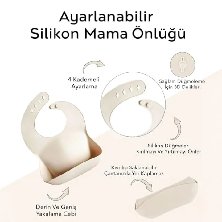 3lü Silikon Bebek Mama Önlüğü Seti - Çift Kilitli Ayarlanabilir Silikon Önlük - Yeşil-Bej-Kahve