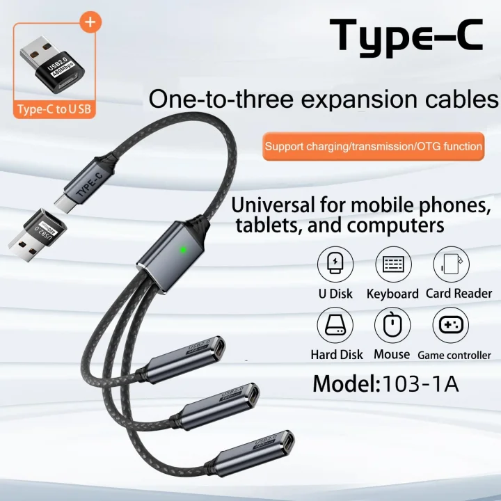 3lü Type-C Çoklayıcı 25 Cm Hızlı Şarj ve 480 Mbps Veri Aktarımı 3CC