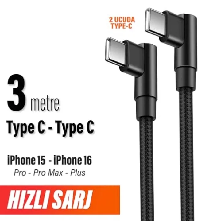 3 Metre TYPE-C Şarj Kablosu HIZLI Şarj Samsung ile Uyumlu Type c to Type C Uzun Kablo