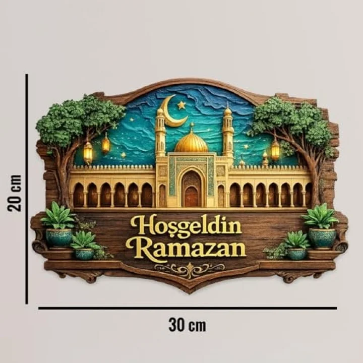 30-27 cm Hoş geldin Ramazan Dekorlu Ahşap Kapı Süsü, Ramazan Süsleri, Ramazan Tavan Süsü
