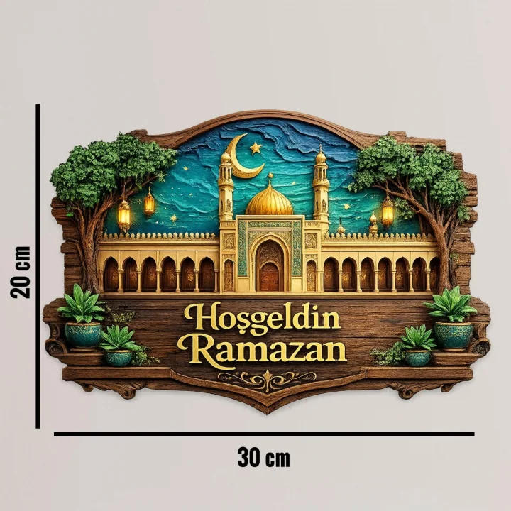 30-27 cm Hoş geldin Ramazan Dekorlu Ahşap Kapı Süsü, Ramazan Süsleri, Ramazan Tavan Süsü