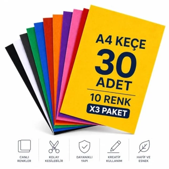 30 Adet Keçe Karışık Renk - A4 Boyutunda 20x30 Cm.