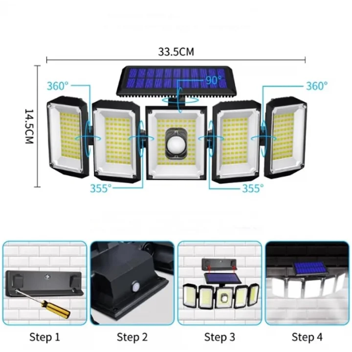 300 Led Güneş Enerjili 3 Mod Kumandalı 3 Metre Kablolu 5 Taraflı Sensörlü Solar Sokak Lambası/bahçe aydınlatma