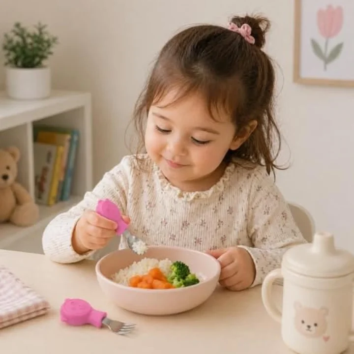 304 Çelik Panda Bebek Kaşık Çatal SetiSilikon Saplı BPA İçermez Ergonomik Kaymaz Fuşya