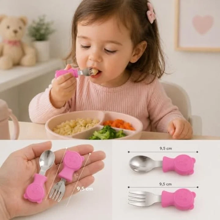 304 Çelik Panda Bebek Kaşık Çatal SetiSilikon Saplı BPA İçermez Ergonomik Kaymaz Fuşya