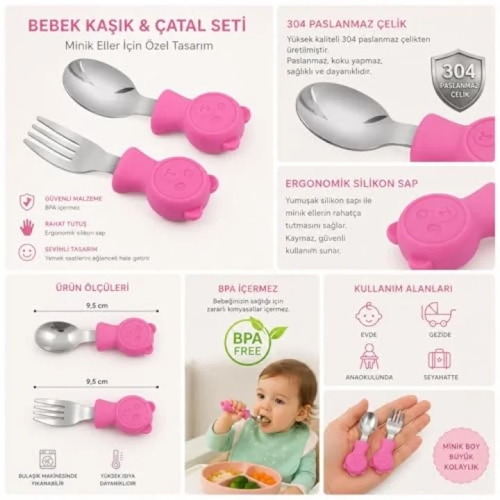 304 Çelik Panda Bebek Kaşık Çatal SetiSilikon Saplı BPA İçermez Ergonomik Kaymaz Fuşya
