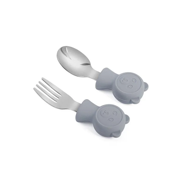 304 Çelik Panda Bebek Kaşık Çatal SetiSilikon Saplı BPA İçermez Ergonomik Kaymaz Gri