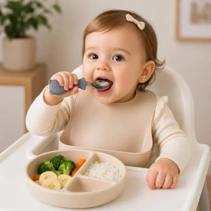 304 Çelik Panda Bebek Kaşık Çatal SetiSilikon Saplı BPA İçermez Ergonomik Kaymaz Gri