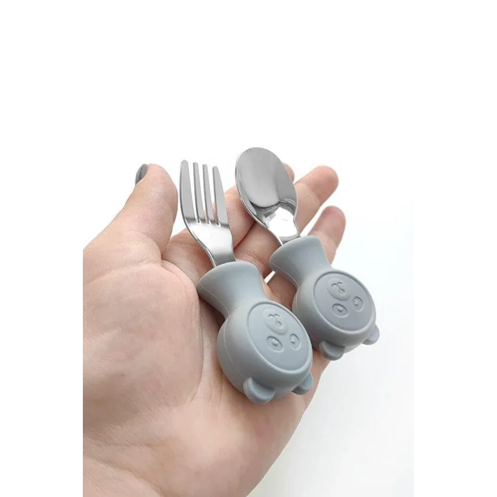 304 Çelik Panda Bebek Kaşık Çatal SetiSilikon Saplı BPA İçermez Ergonomik Kaymaz Gri