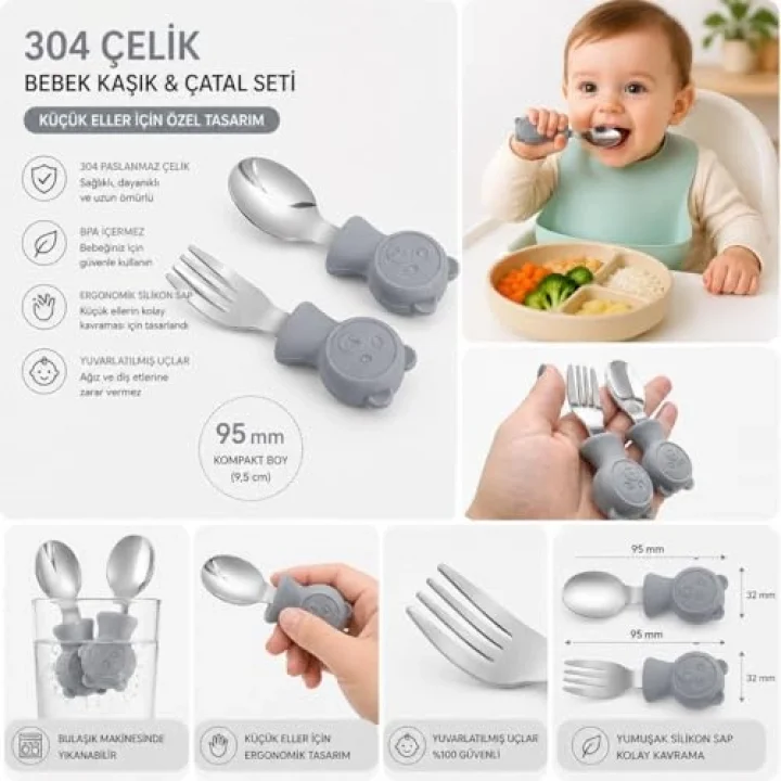 304 Çelik Panda Bebek Kaşık Çatal SetiSilikon Saplı BPA İçermez Ergonomik Kaymaz Gri