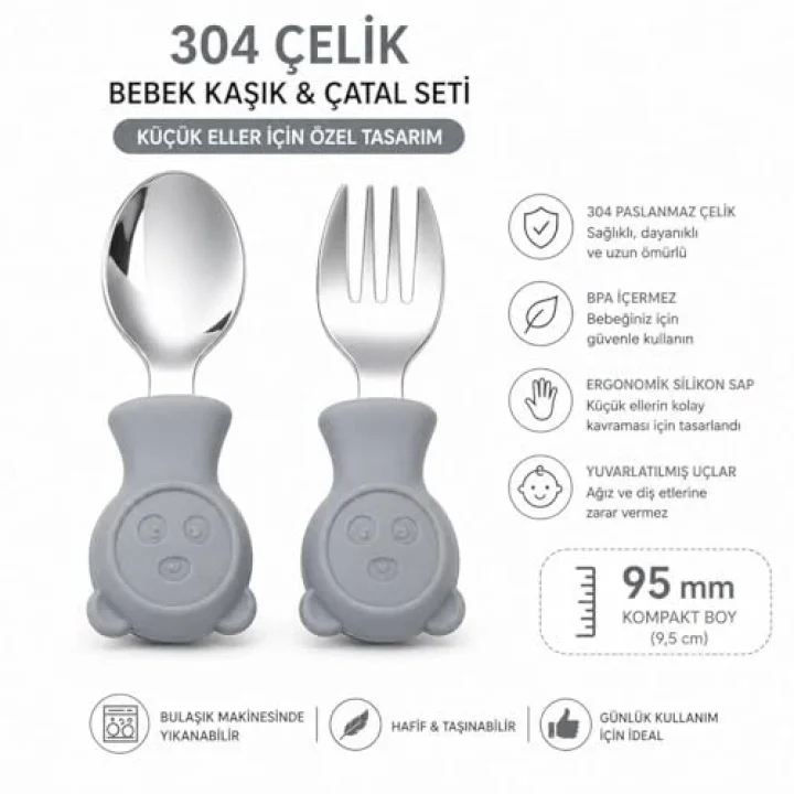 304 Çelik Panda Bebek Kaşık Çatal SetiSilikon Saplı BPA İçermez Ergonomik Kaymaz Gri