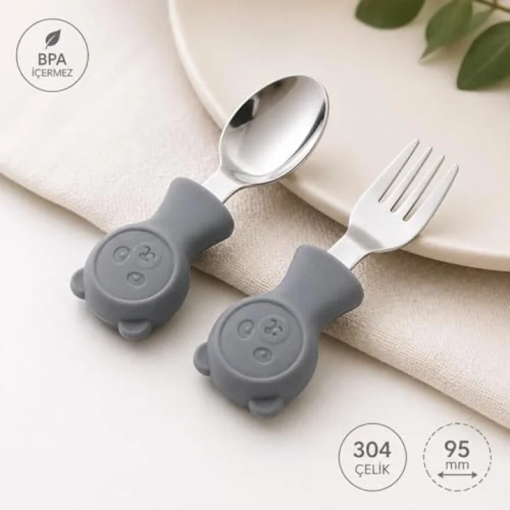 304 Çelik Panda Bebek Kaşık Çatal SetiSilikon Saplı BPA İçermez Ergonomik Kaymaz Gri
