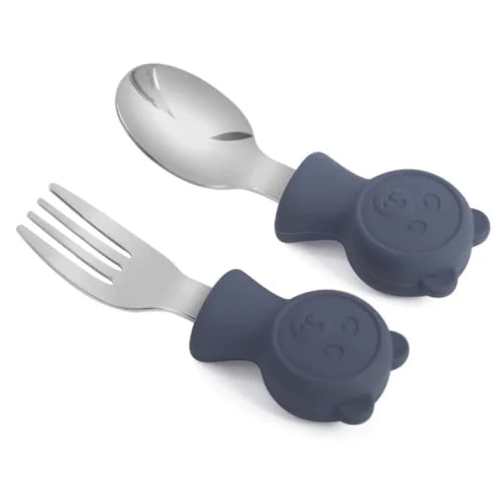 304 Çelik Panda Bebek Kaşık Çatal SetiSilikon Saplı BPA İçermez Ergonomik Kaymaz Lacivert