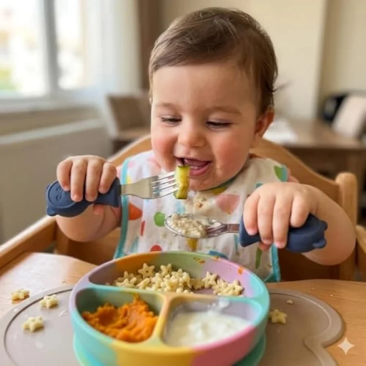 304 Çelik Panda Bebek Kaşık Çatal SetiSilikon Saplı BPA İçermez Ergonomik Kaymaz Lacivert