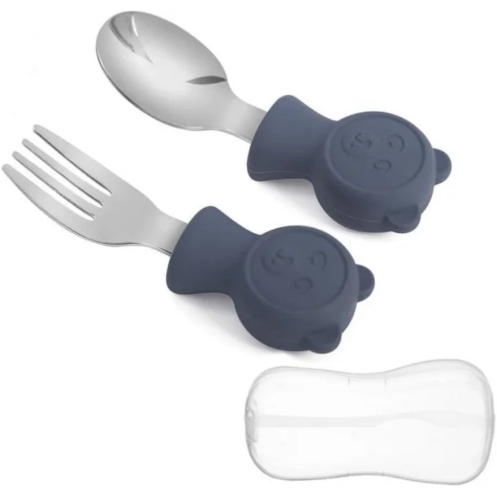 304 Çelik Panda Bebek Kaşık Çatal SetiSilikon Saplı BPA İçermez Ergonomik Kaymaz Lacivert