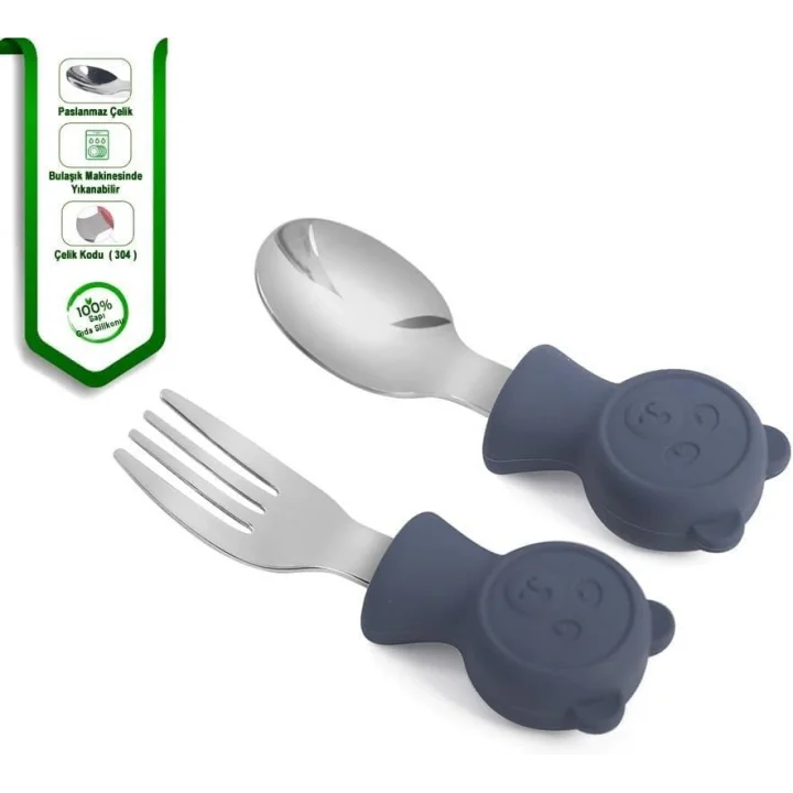 304 Çelik Panda Bebek Kaşık Çatal SetiSilikon Saplı BPA İçermez Ergonomik Kaymaz Lacivert