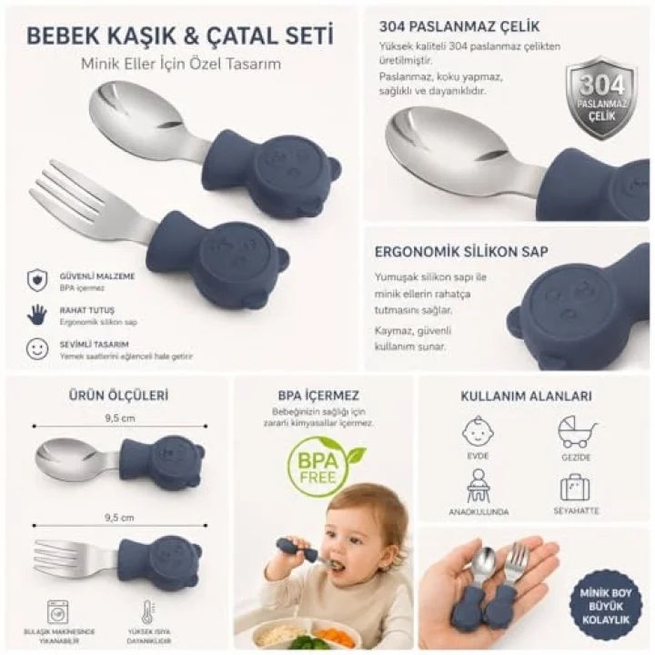 304 Çelik Panda Bebek Kaşık Çatal SetiSilikon Saplı BPA İçermez Ergonomik Kaymaz Lacivert